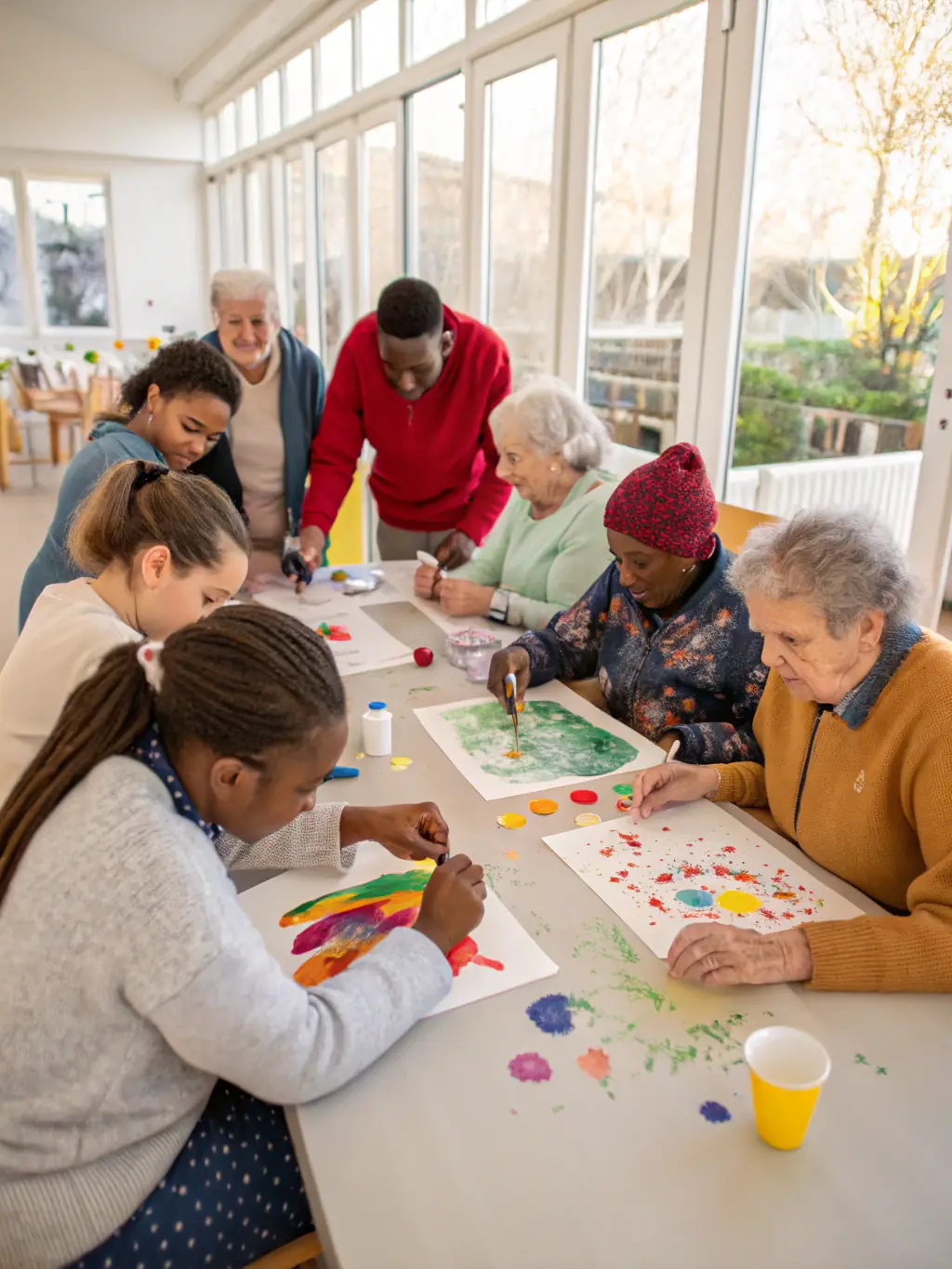 A vibrant photograph capturing participants of all ages engaged in a collaborative painting session during an art workshop organized by LES BOTTICELLI'S, showcasing the community's enthusiasm for artistic expression.